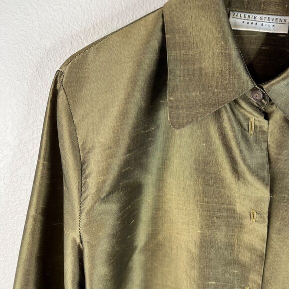 Valerie Stevens Pure Silk Button-Up Shirt Olive Green Size 8 Classic Luxe Staple - Picture 2 of 12